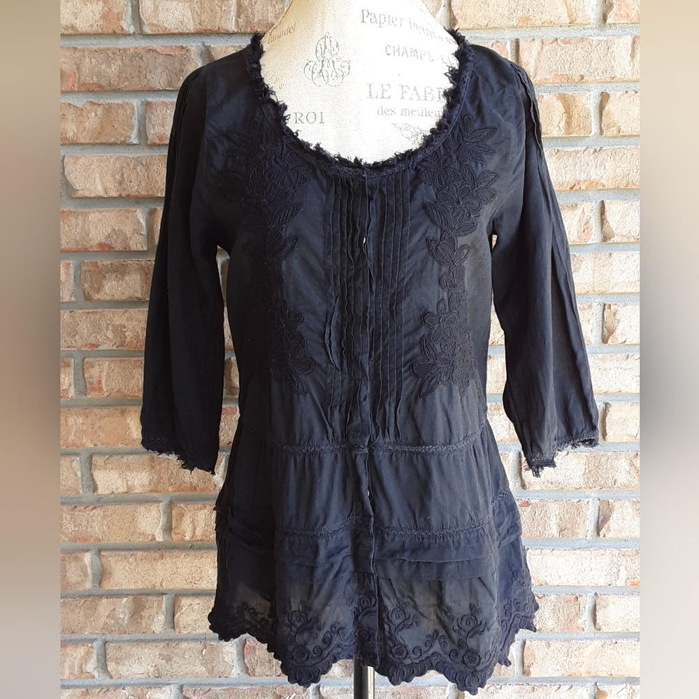 Velvet by Graham & Spencer Black Smocked Ruffled Blouse